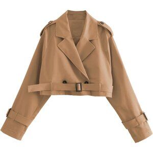 Women's Cropped Bike Jacket Casual Double Breasted Trench Coat with Belt Camel